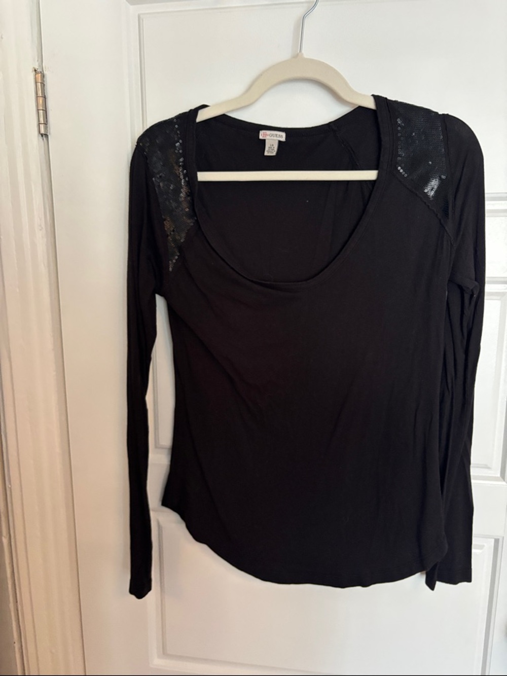 Guess Black Long-Sleeve Scoop Neck Top with Sequin Shoulder Panels